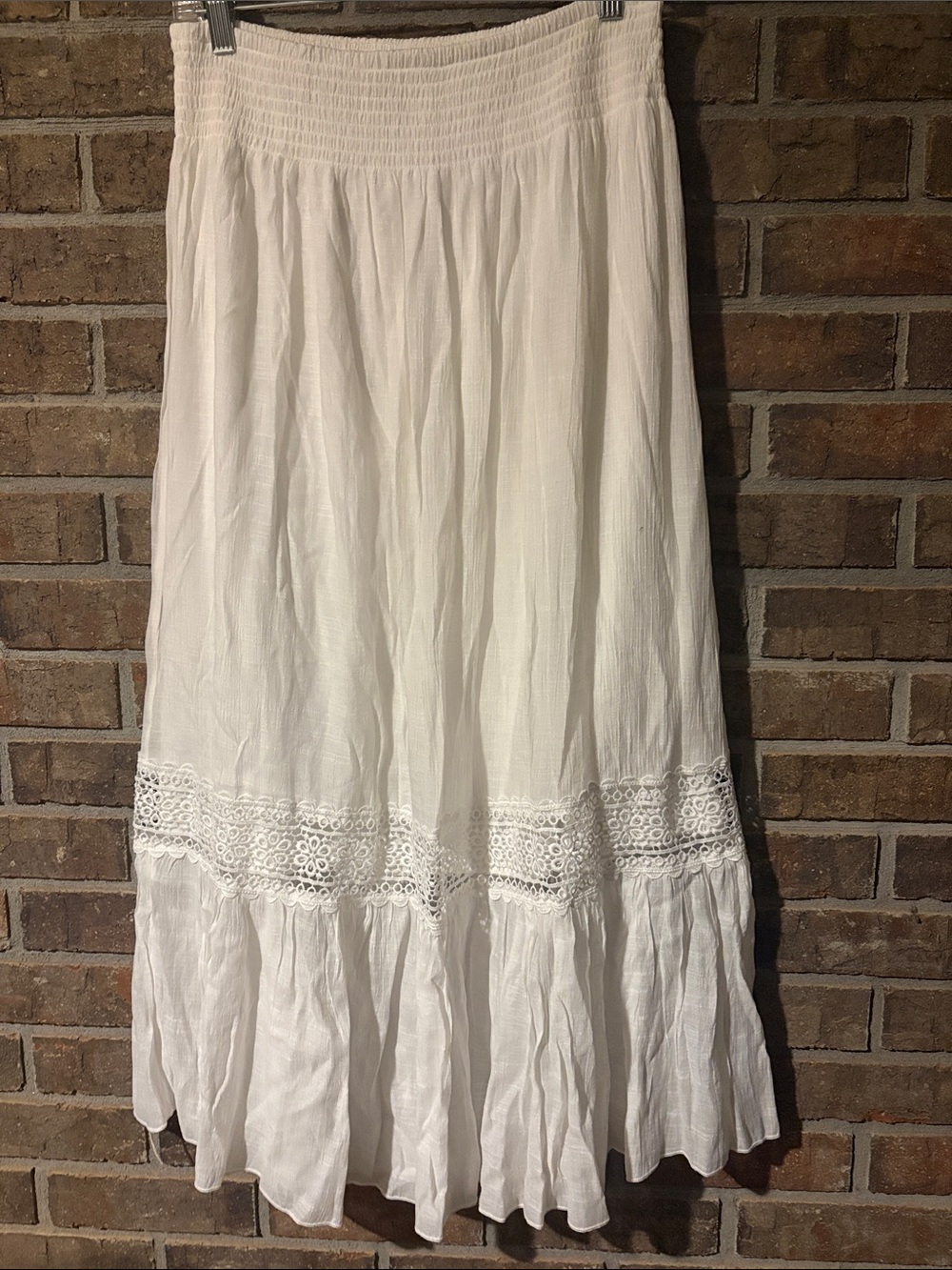 Boho White Tiered Maxi Skirt with Crochet Trim